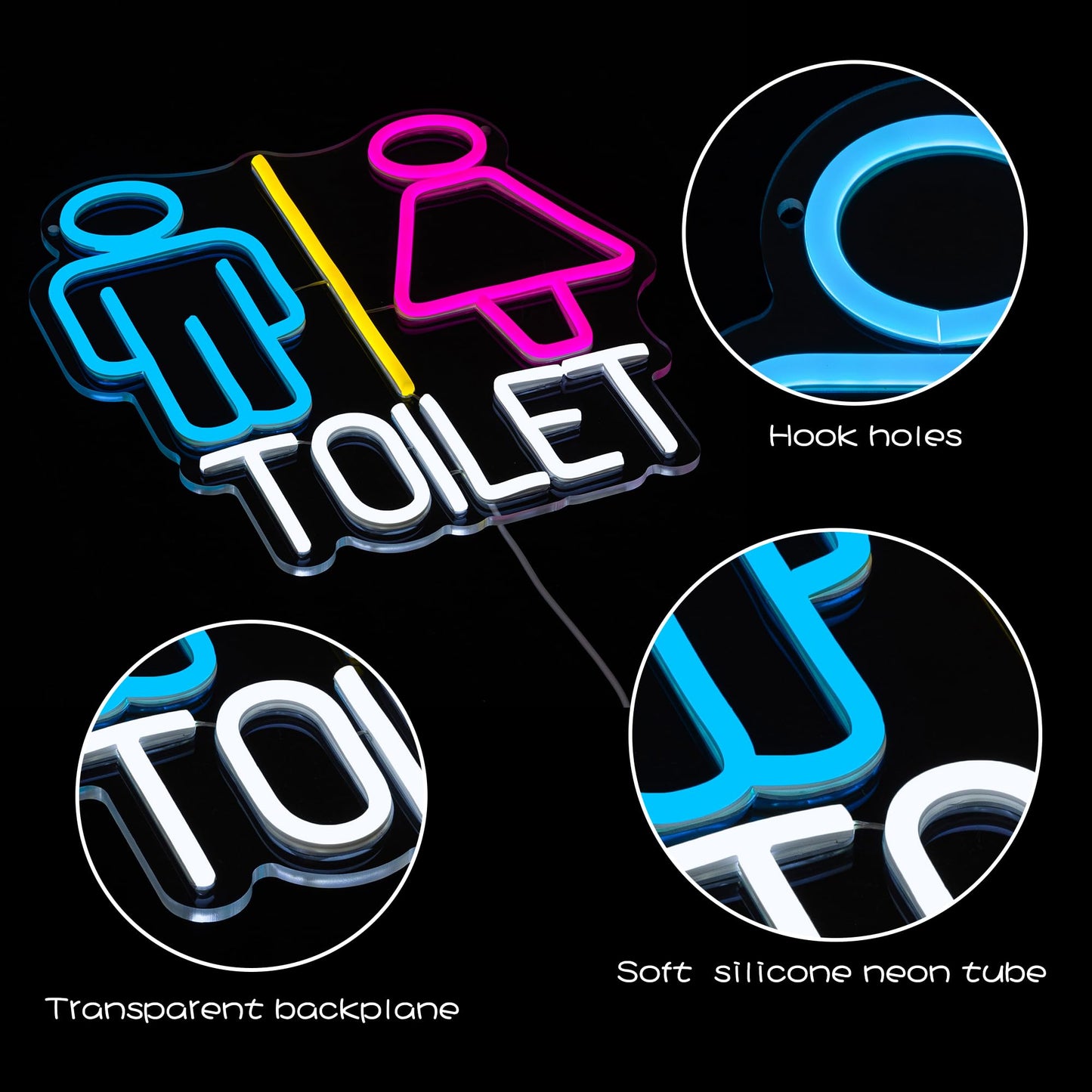 Toilet, Restroom Neon LED Sign, Dimming, USB, Wall Mounting, 12.6” x 12.6” inch