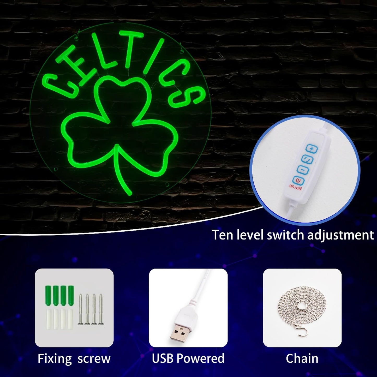 Basketball Celtic LED Hanging Sign, Dimmable, USB, 12x12 inches Boston