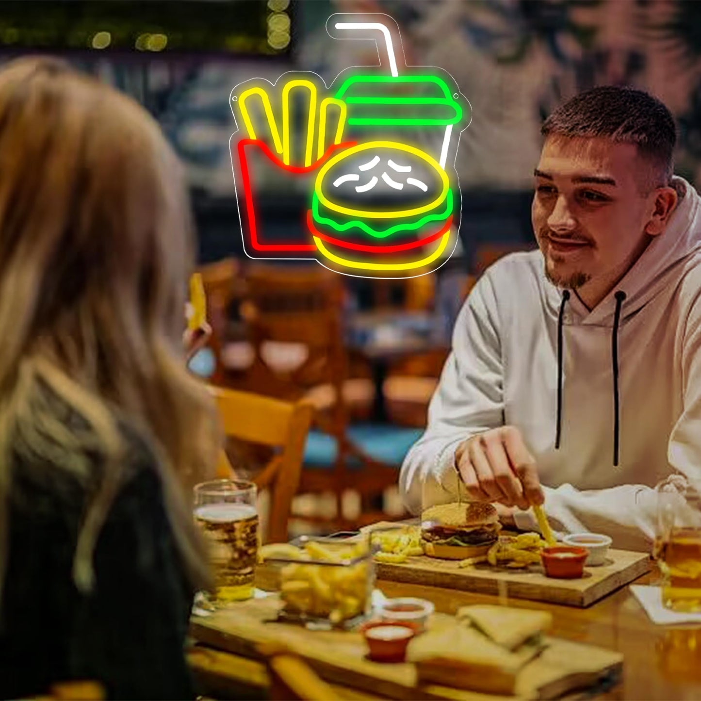 Burger Neon LED Hanging Sign, USB, for Restaurants, 14 x 13 inches