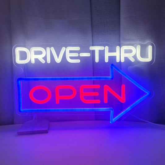 Drive Thru Open LED Neon Sign, USB, Dimmable, 16x10 inches
