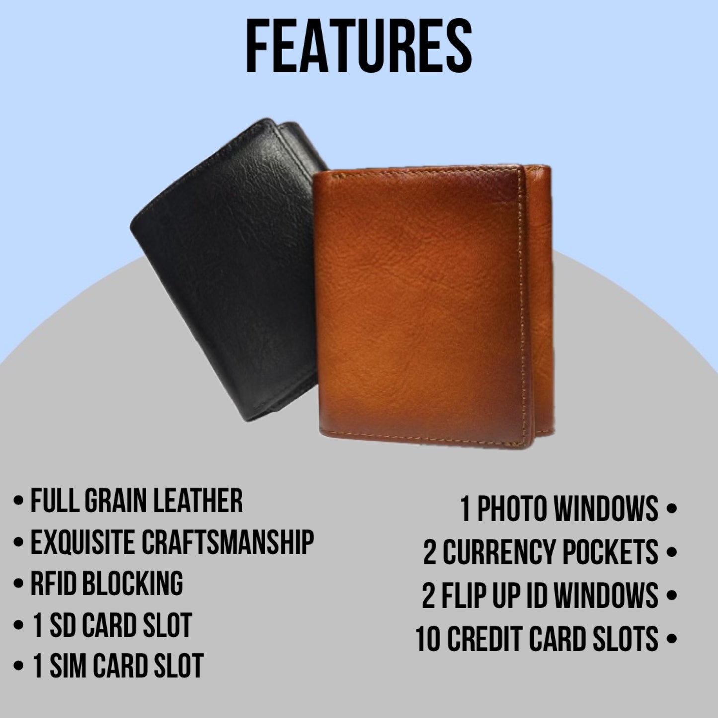 Mens Wallets Trifold Genuine Leather, RFID Blocking, 10 Cards, 3 ID Windows