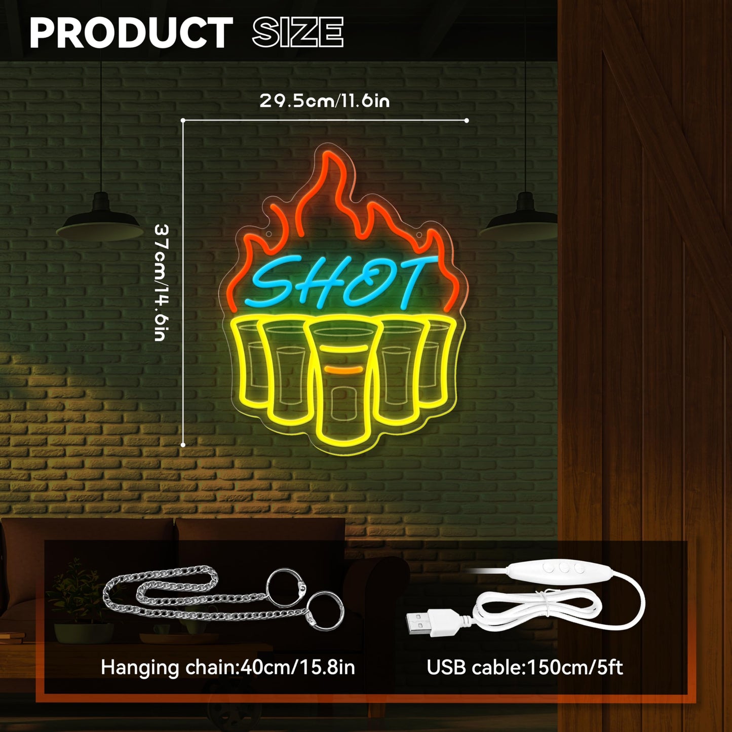 Bar Shots Neon LED Hanging Sign, Dimmable, USB, 16 x 12