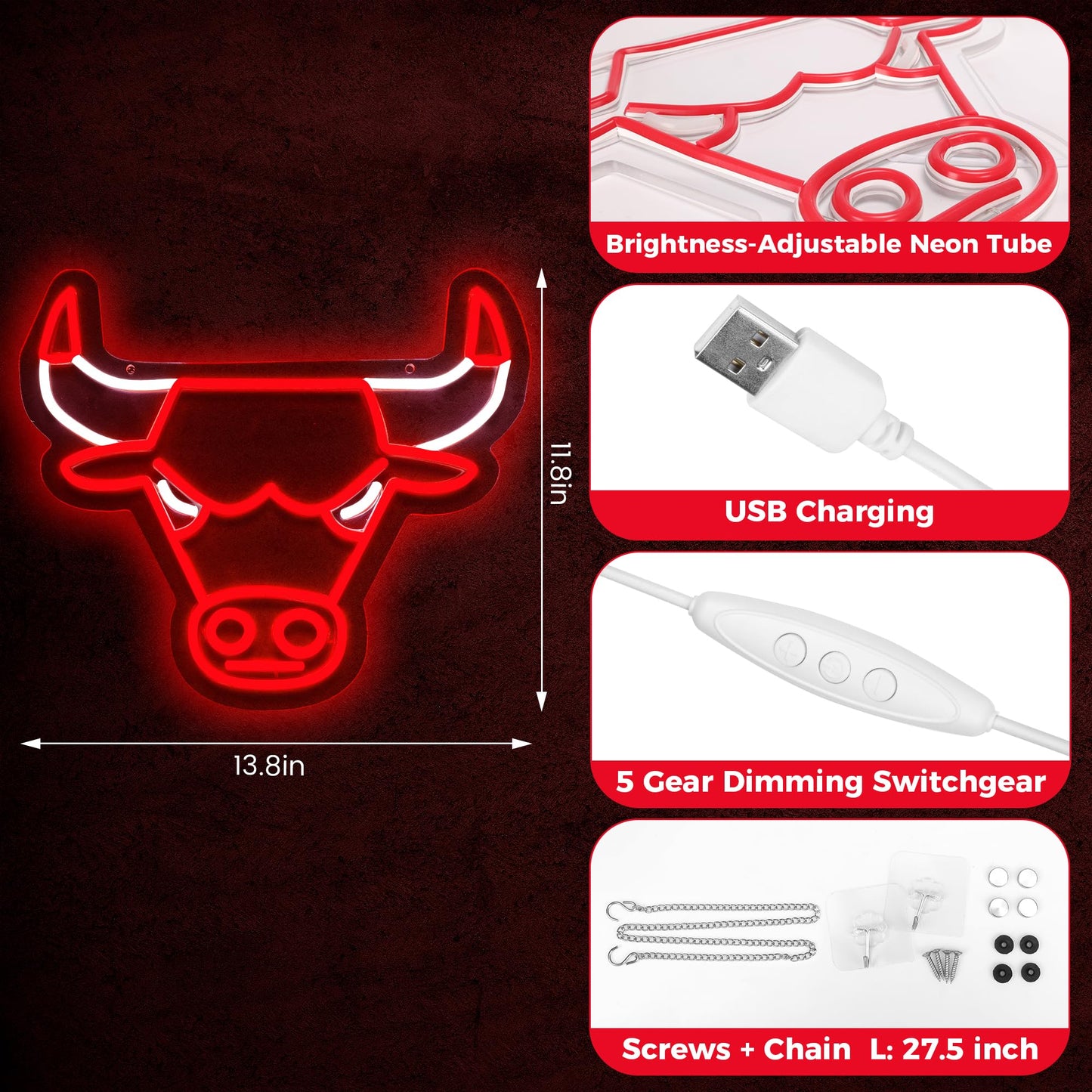 Basketball Bulls Neon LED Hanging Sign, Dimmable, USB, 14x12 inches Chicago