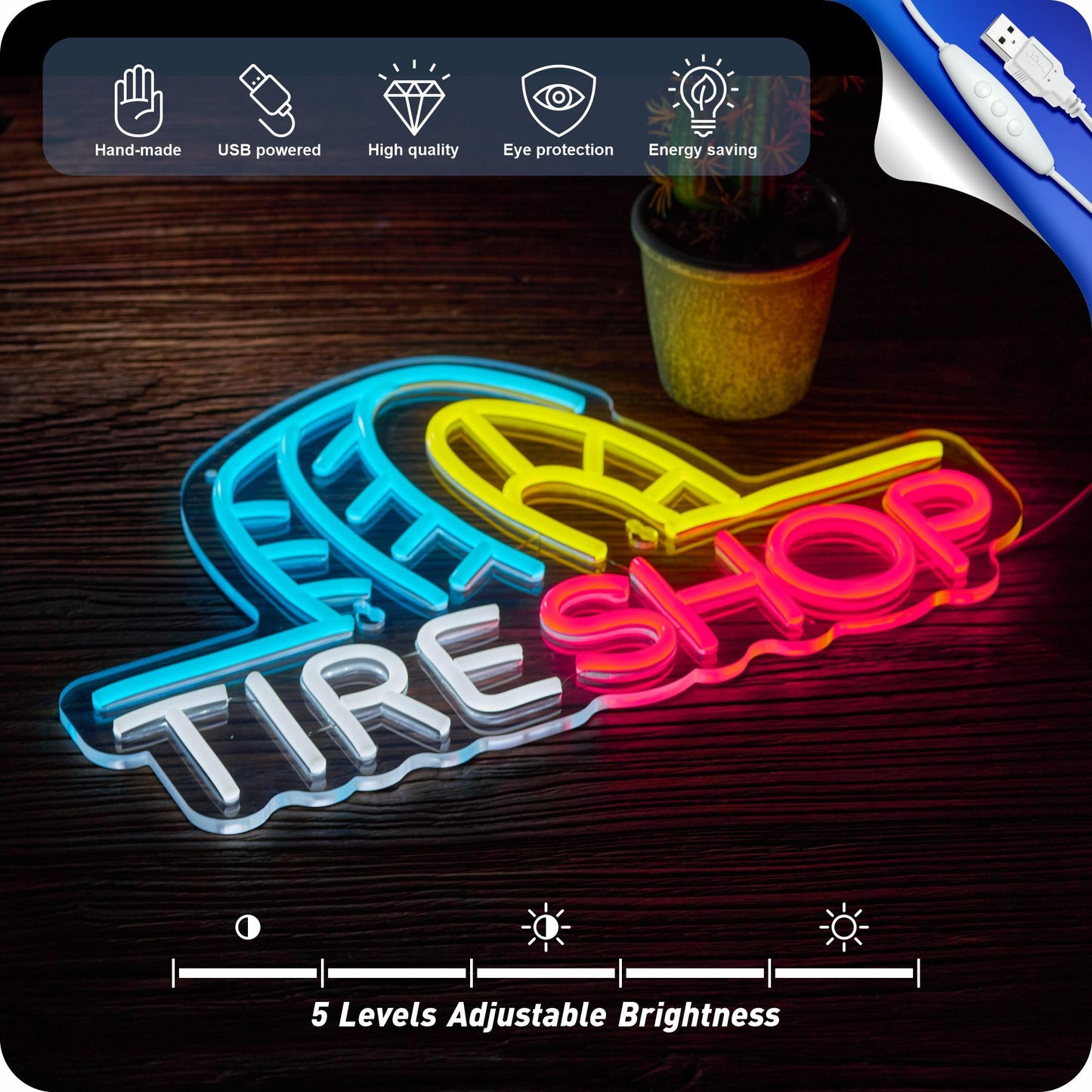 Tire Shop Neon LED Sign for, Dimming, USB Powered, 16.5 x 11 inches