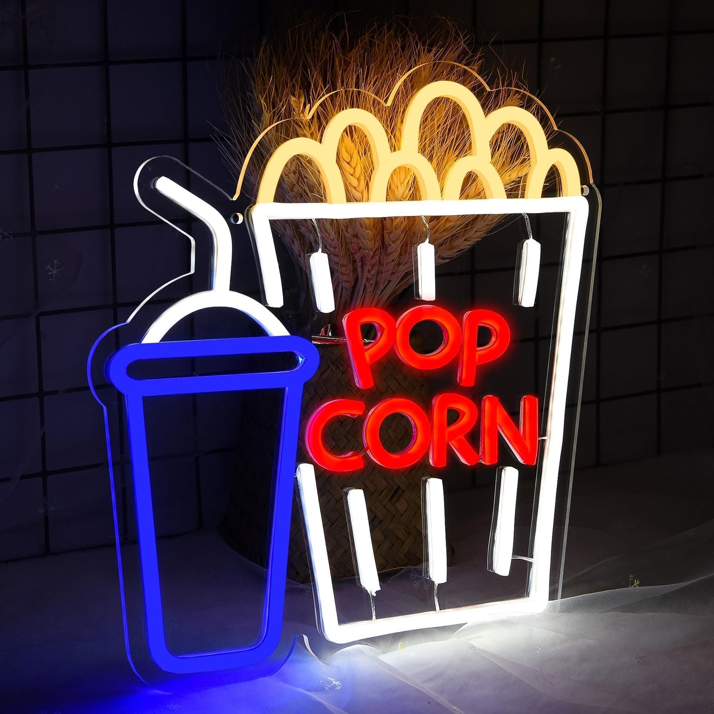 Popcorn Neon LED Hanging Sign, USB, for Restaurants, for Restaurant, 13x12 inches
