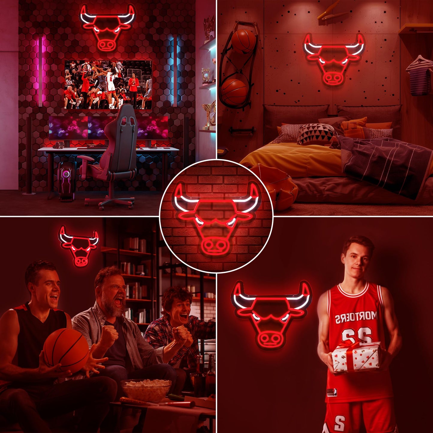 Basketball Bulls Neon LED Hanging Sign, Dimmable, USB, 14x12 inches Chicago