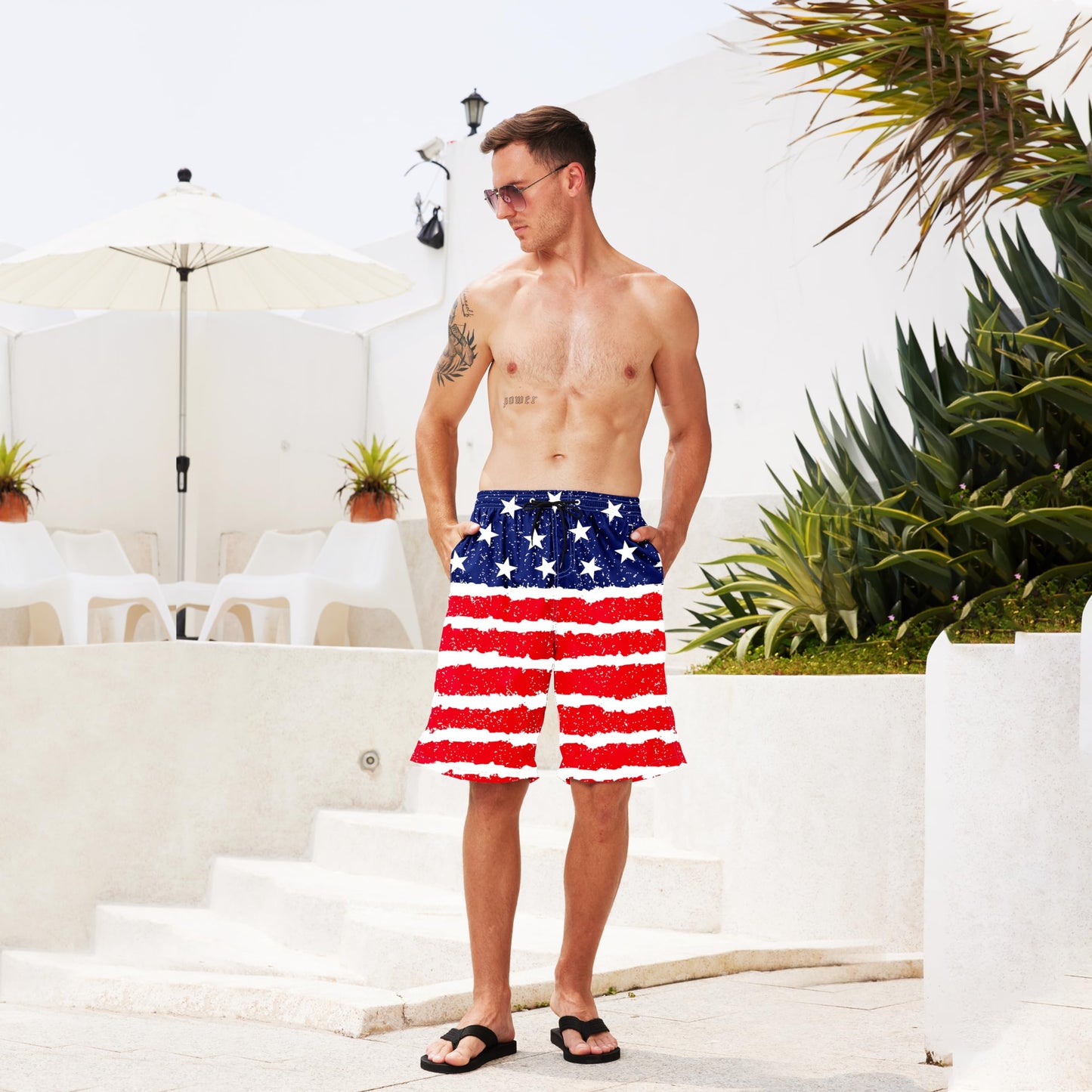 Men’s Quick-Dry, US Flag Swim Trunks, Mesh Lined, Multiple Sizes