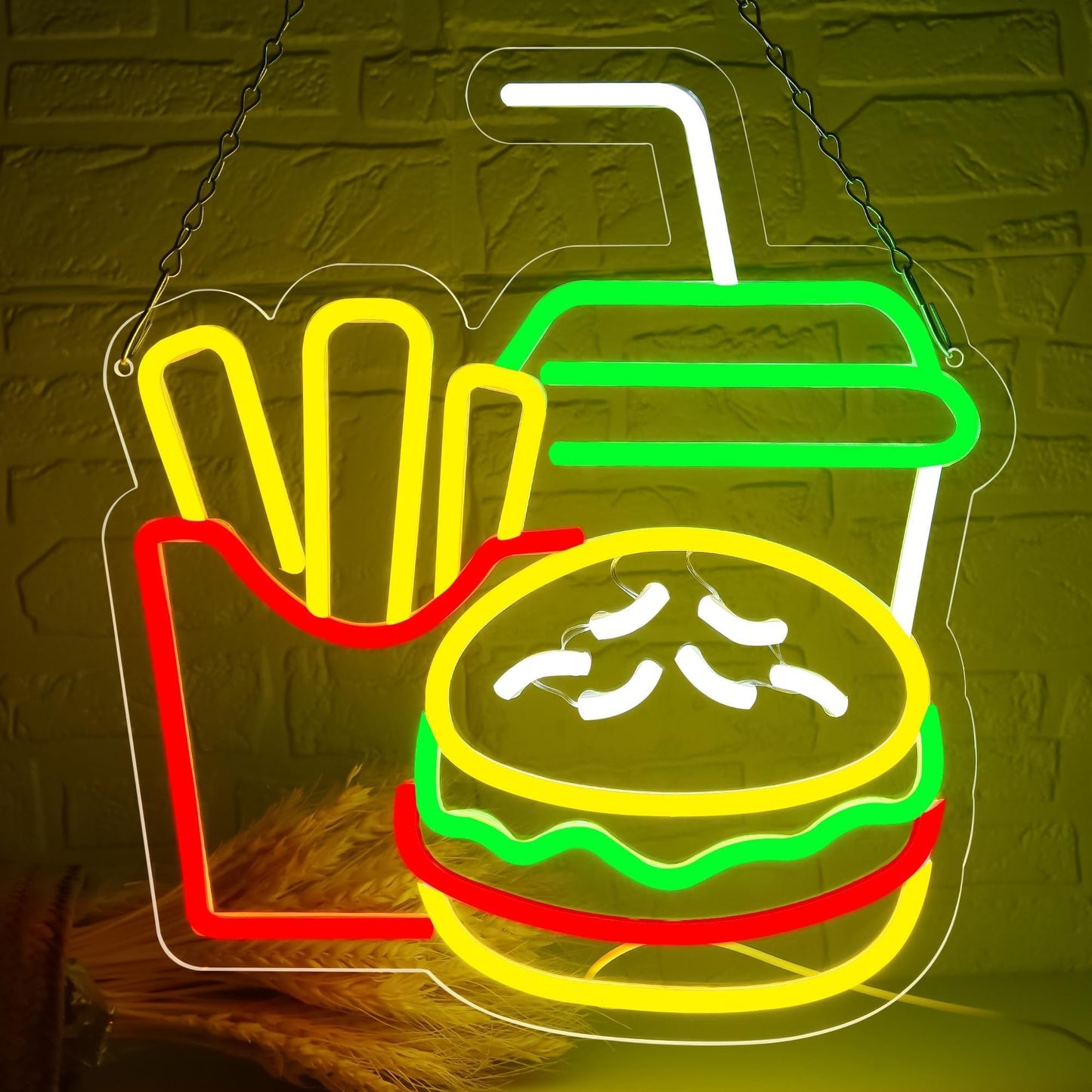 Burger Neon LED Hanging Sign, USB, for Restaurants, 14 x 13 inches