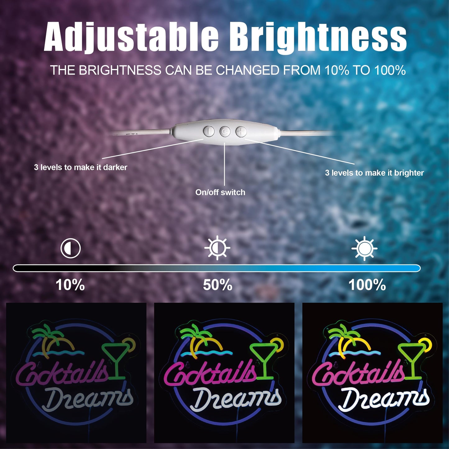 Cocktails and Dreams Neon LED Sign,Dimmable, On/Off Switch USB, (16 x 13 inches)