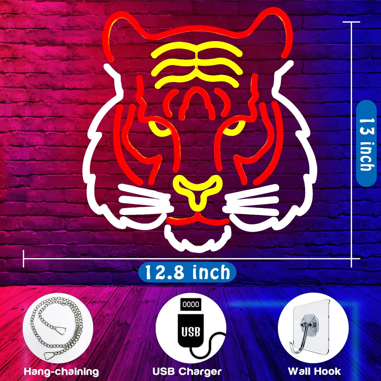 Tiger Neon Neon LED Hanging Sign, Dimmable, USB, 13x13 inches
