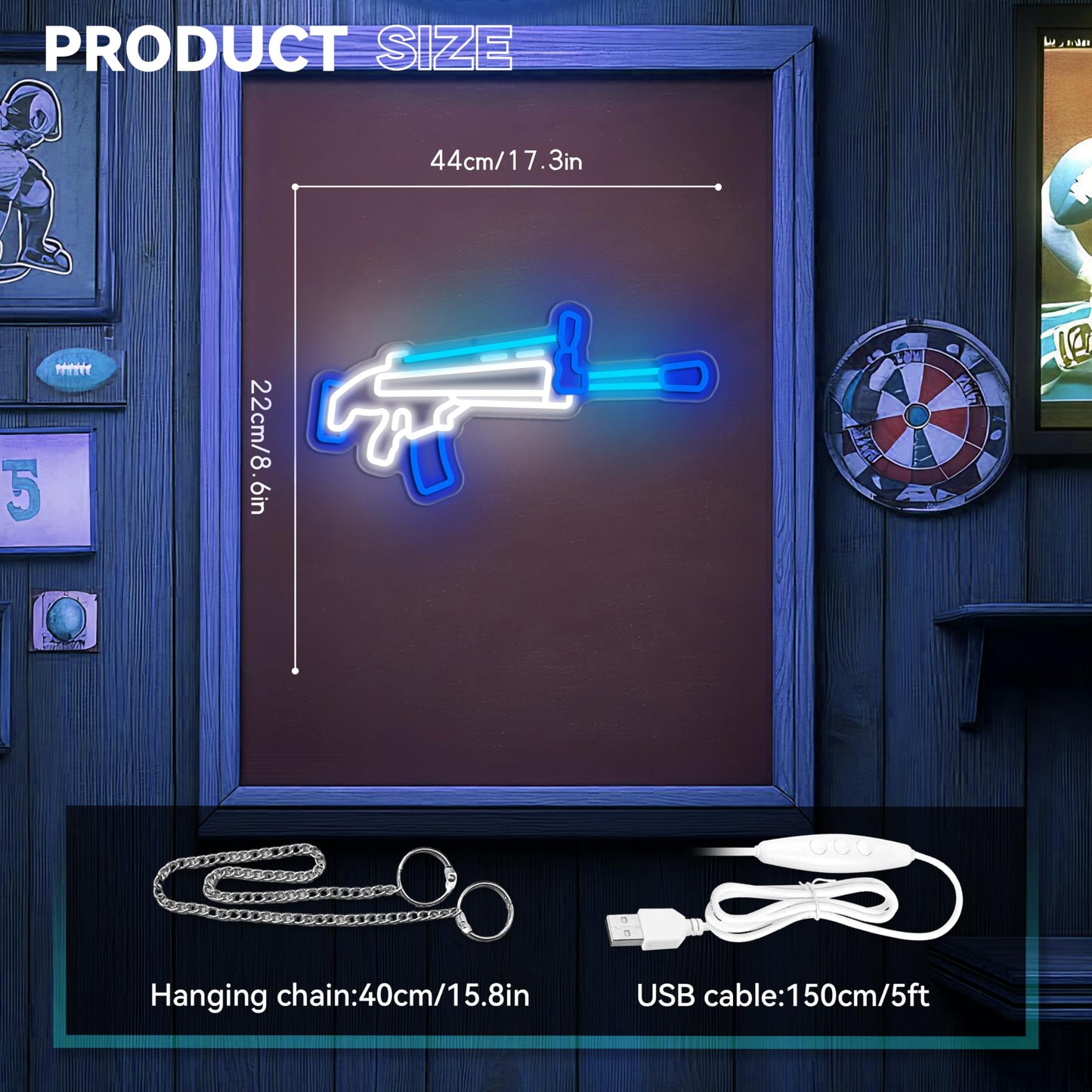 Gaming Rifl Neon LED Hanging Sign, Gameroom, Dimmable, USB, 17.3 x 8.6 inches