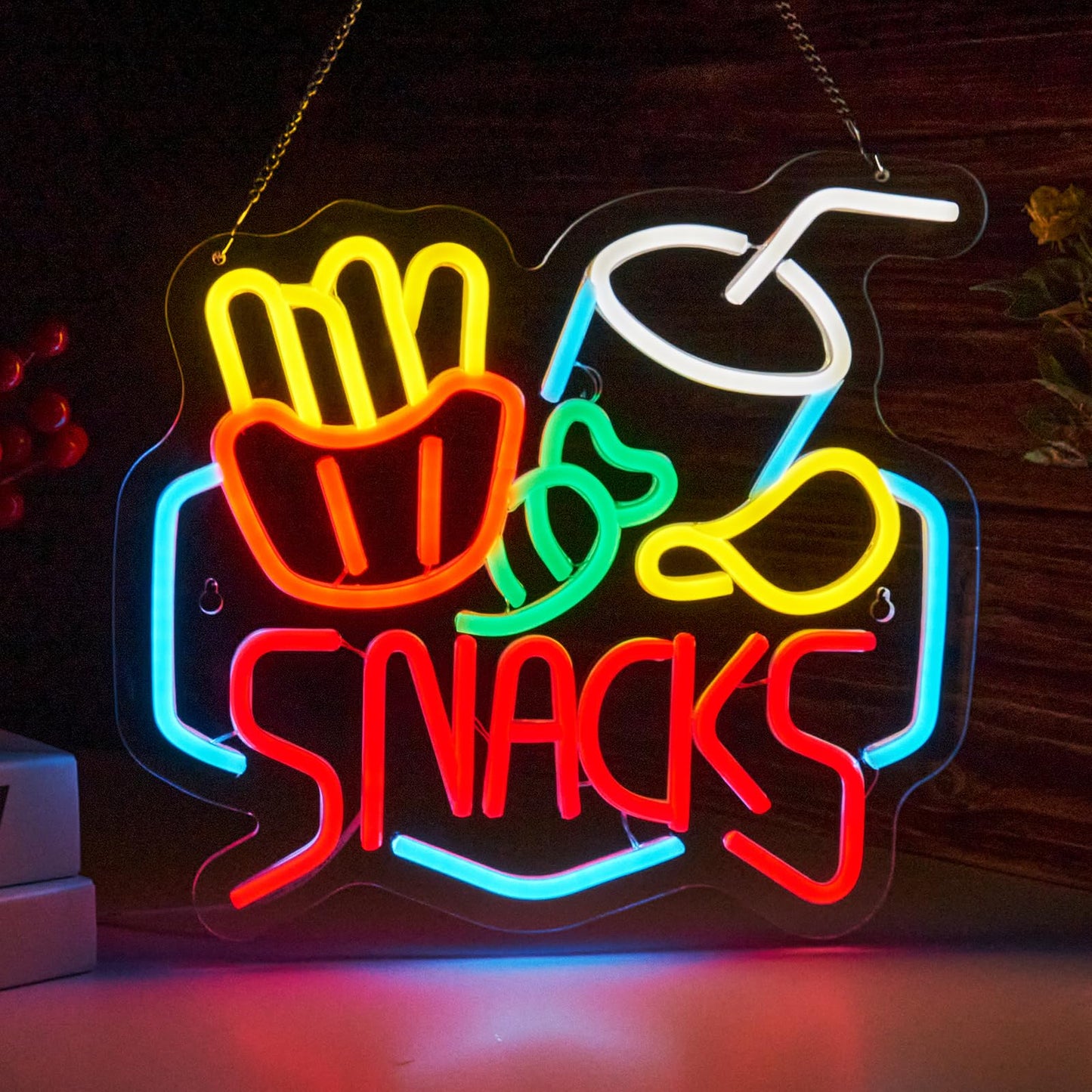 Snacks Neon LED Hanging Sign, USB, Dimmable, for Restaurants, 14 x 13 inches