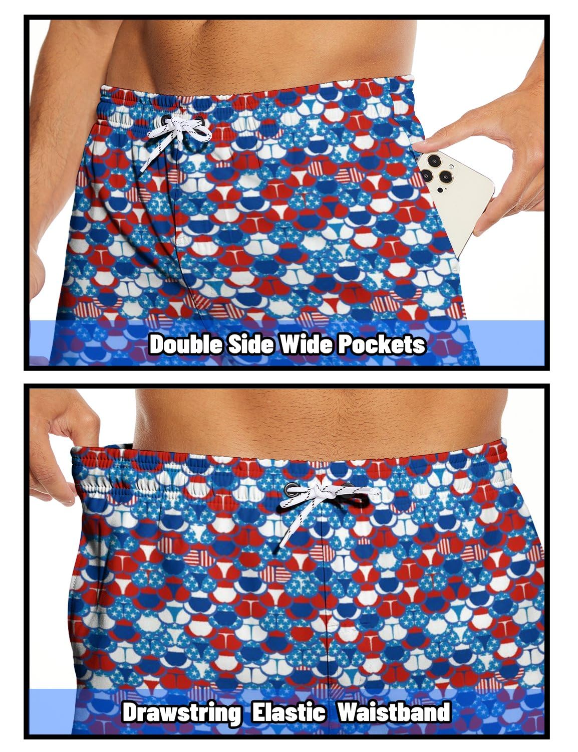 Men's US Flag, Funny Swim Trunks with Compression Liner 5" Inseam, Quick Dry