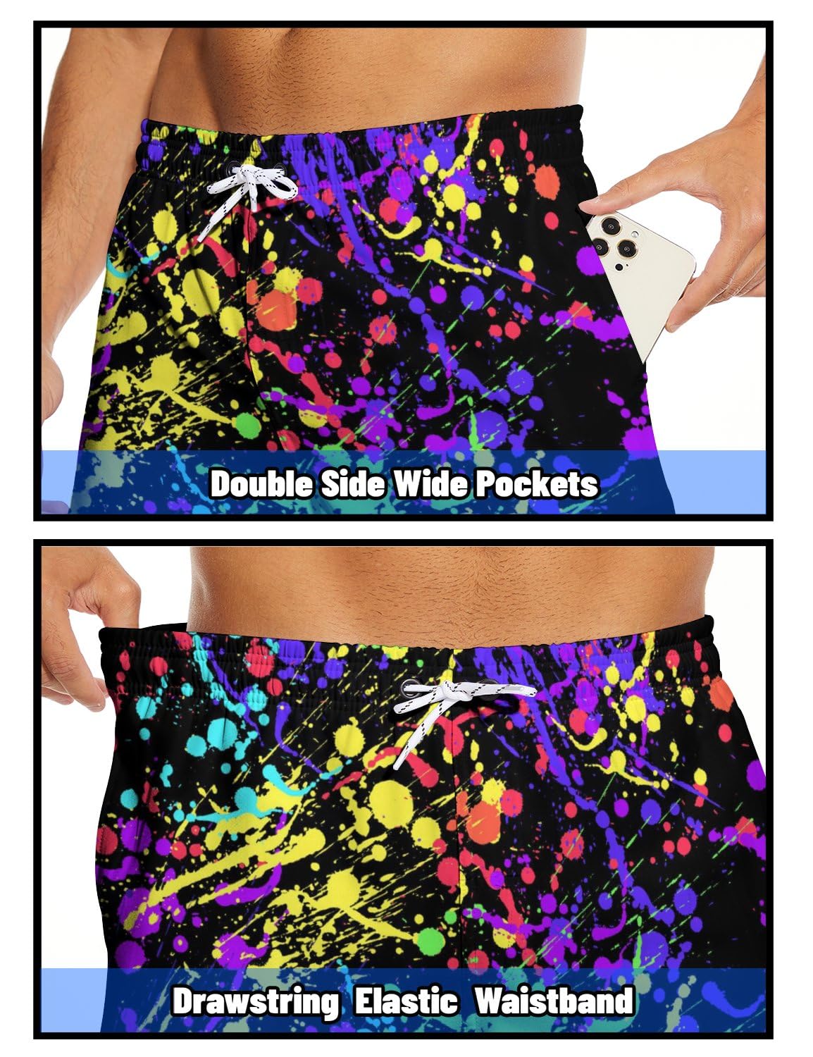 Paint Splash Mens Swim Trunks w/ Compression Liner, 7 Inch, Quick Dry