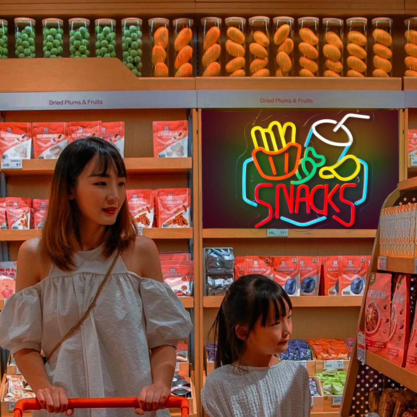 Snacks Neon LED Hanging Sign, USB, Dimmable, for Restaurants, 14 x 13 inches
