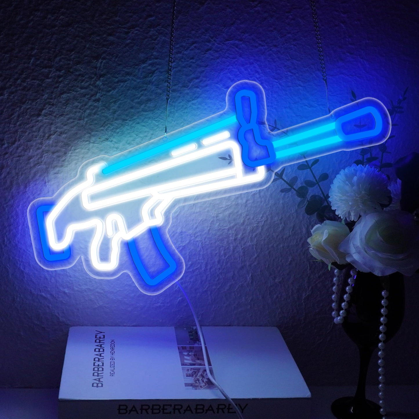Gaming Rifl Neon LED Hanging Sign, Gameroom, Dimmable, USB, 17.3 x 8.6 inches