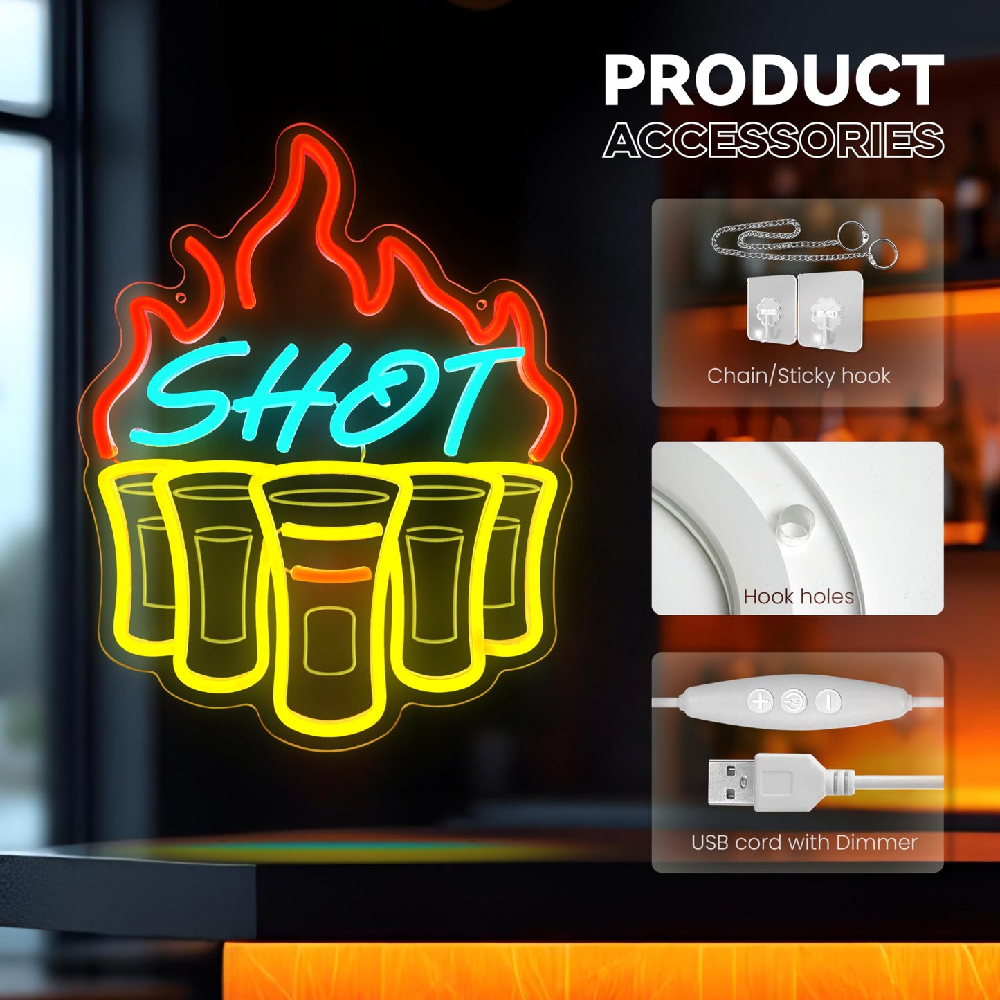 Bar Shots Neon LED Hanging Sign, Dimmable, USB, 16 x 12