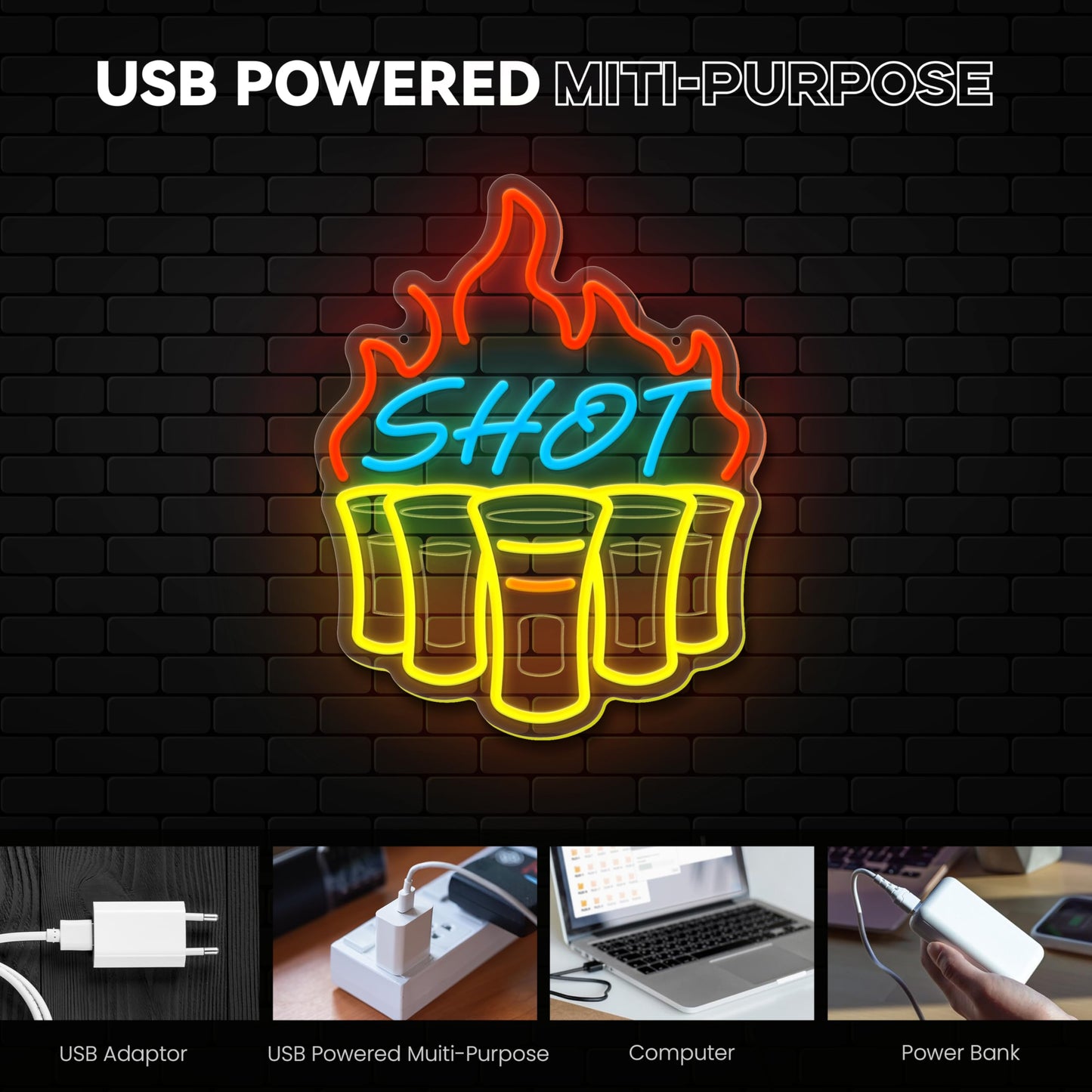 Bar Shots Neon LED Hanging Sign, Dimmable, USB, 16 x 12