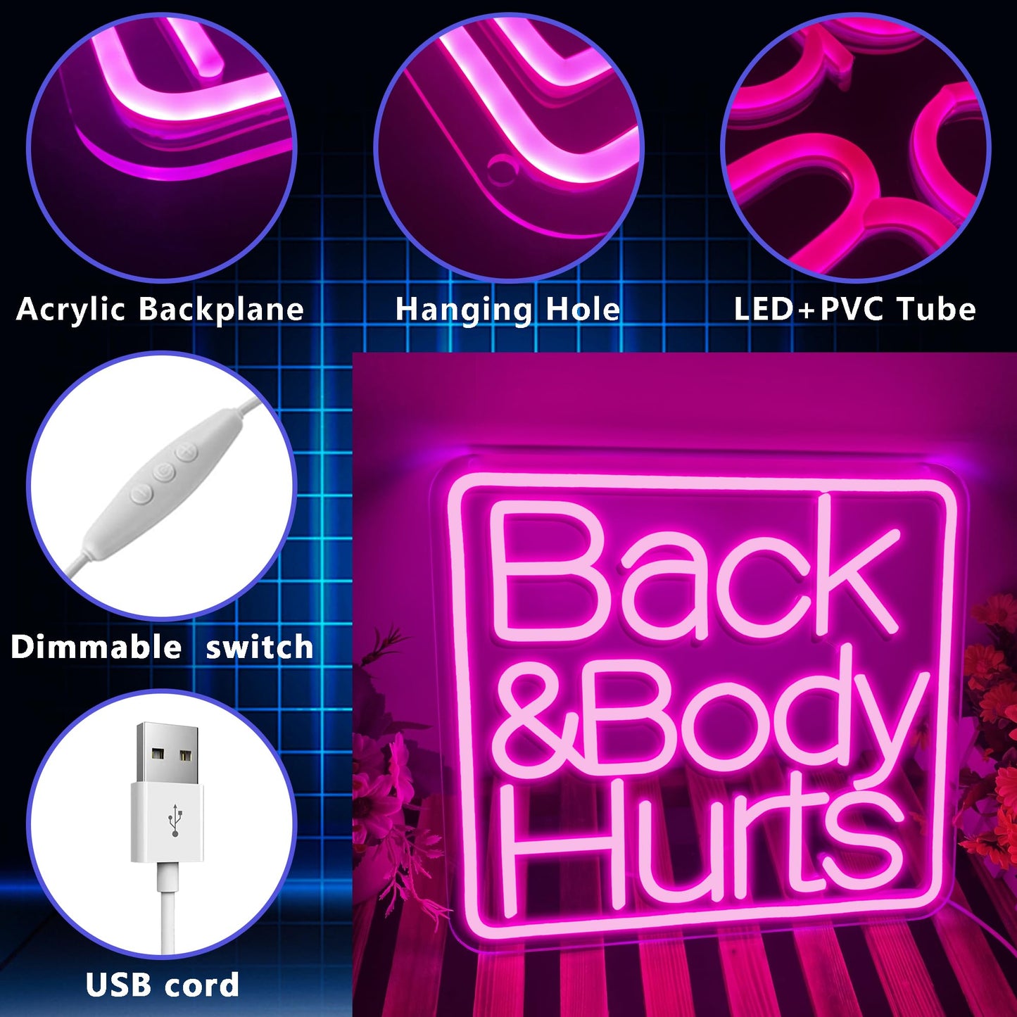Back Body Hurts Neon LED, Dimming, USB, Wall Mounting (13.3” x 12.2” in)