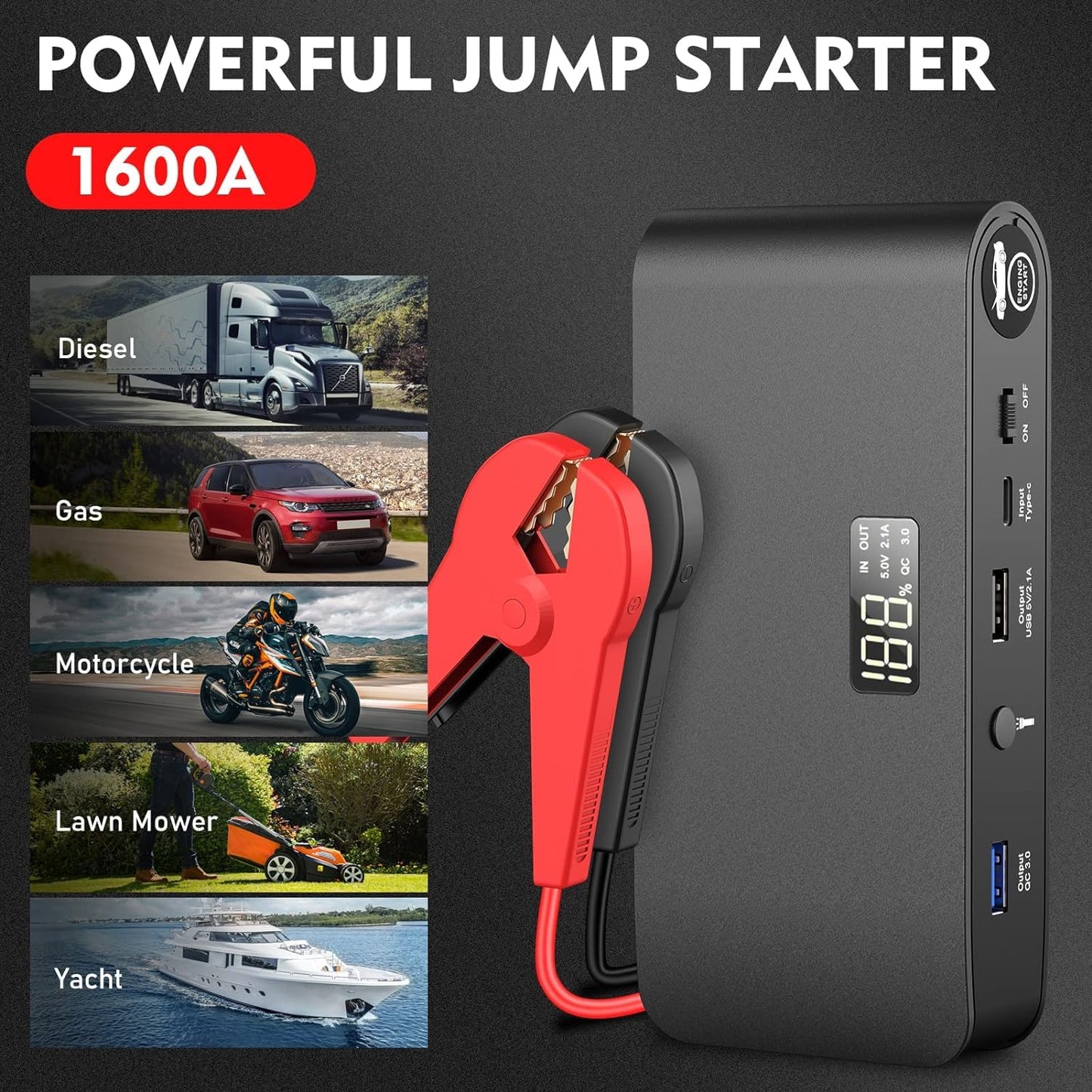 1600A Battery Jump Starter 16000mAh, 12V, USB QC 3.0