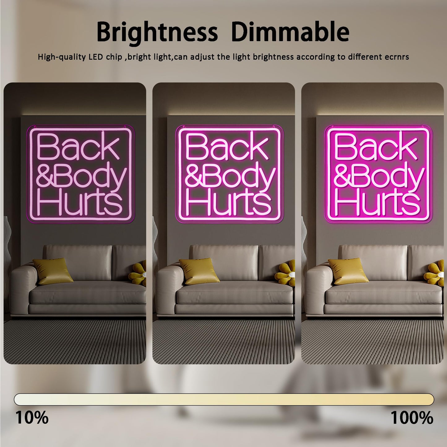 Back Body Hurts Neon LED, Dimming, USB, Wall Mounting (13.3” x 12.2” in)