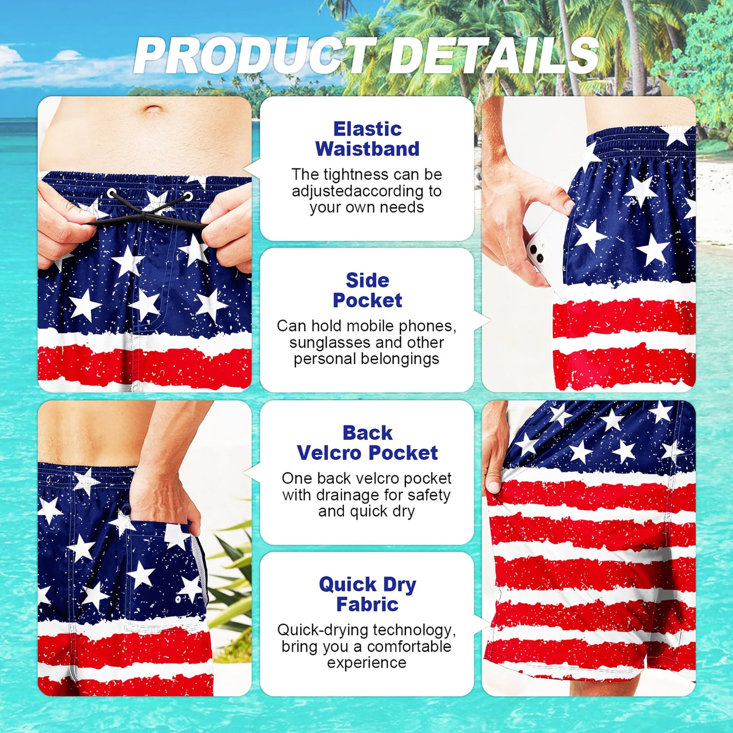 Men’s Quick-Dry, US Flag Swim Trunks, Mesh Lined, Multiple Sizes