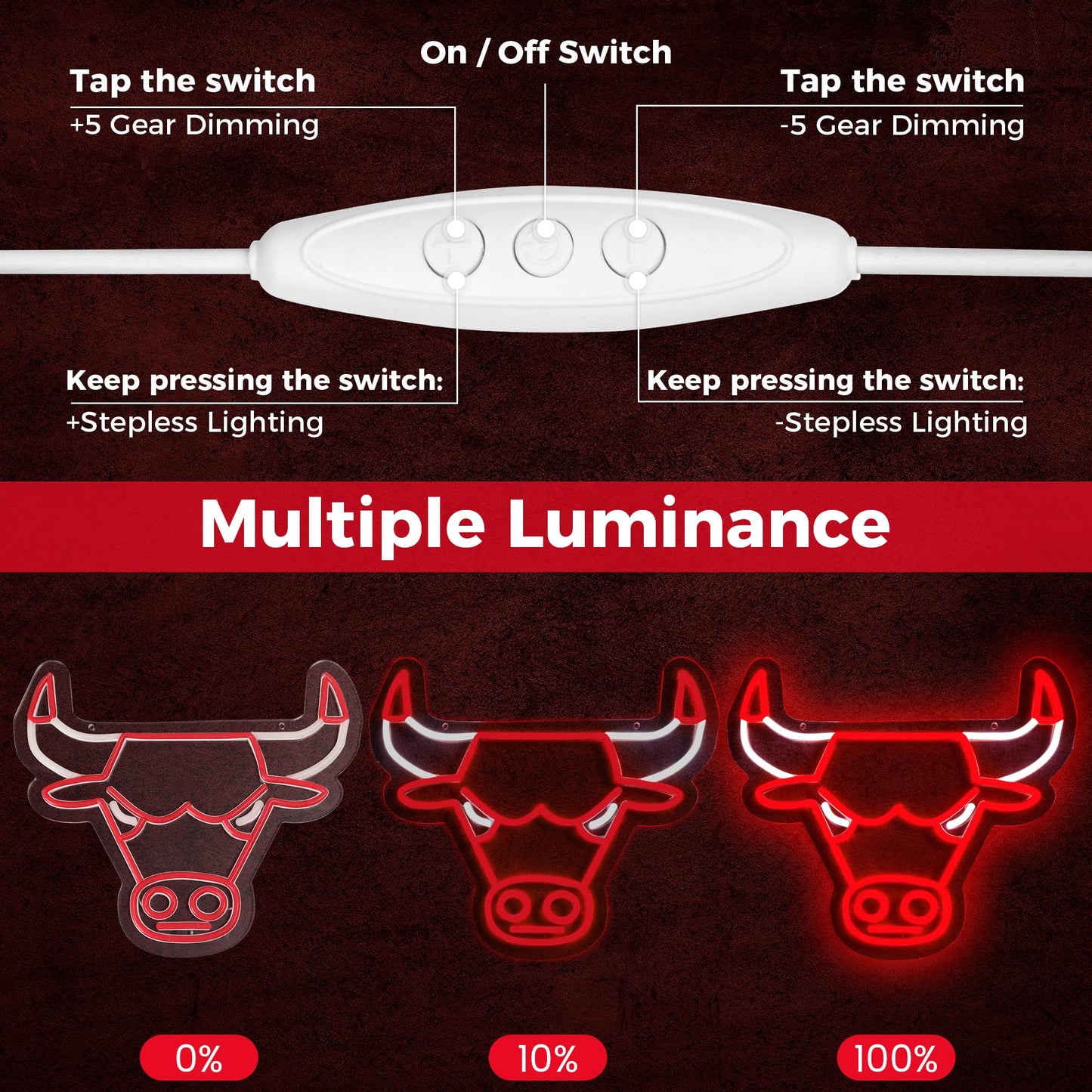 Basketball Bulls Neon LED Hanging Sign, Dimmable, USB, 14x12 inches Chicago
