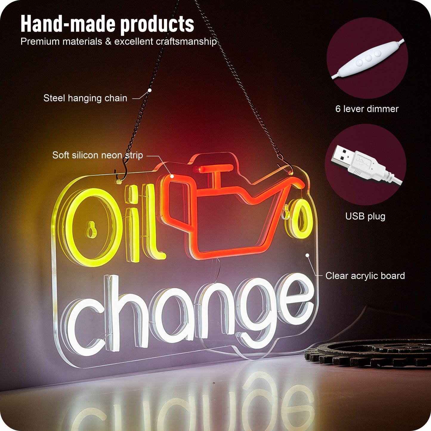 Oil Change Neon LED Sign for Auto Shop, Dimming, USB Powered 9.3 x 16.5 in
