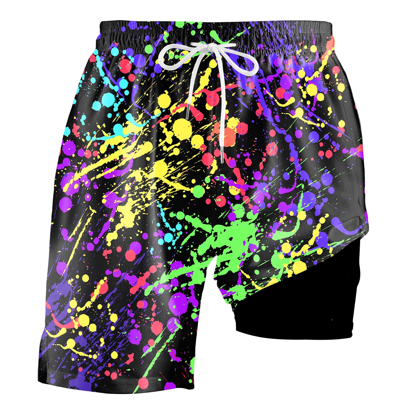 Paint Splash Mens Swim Trunks w/ Compression Liner, 7 Inch, Quick Dry