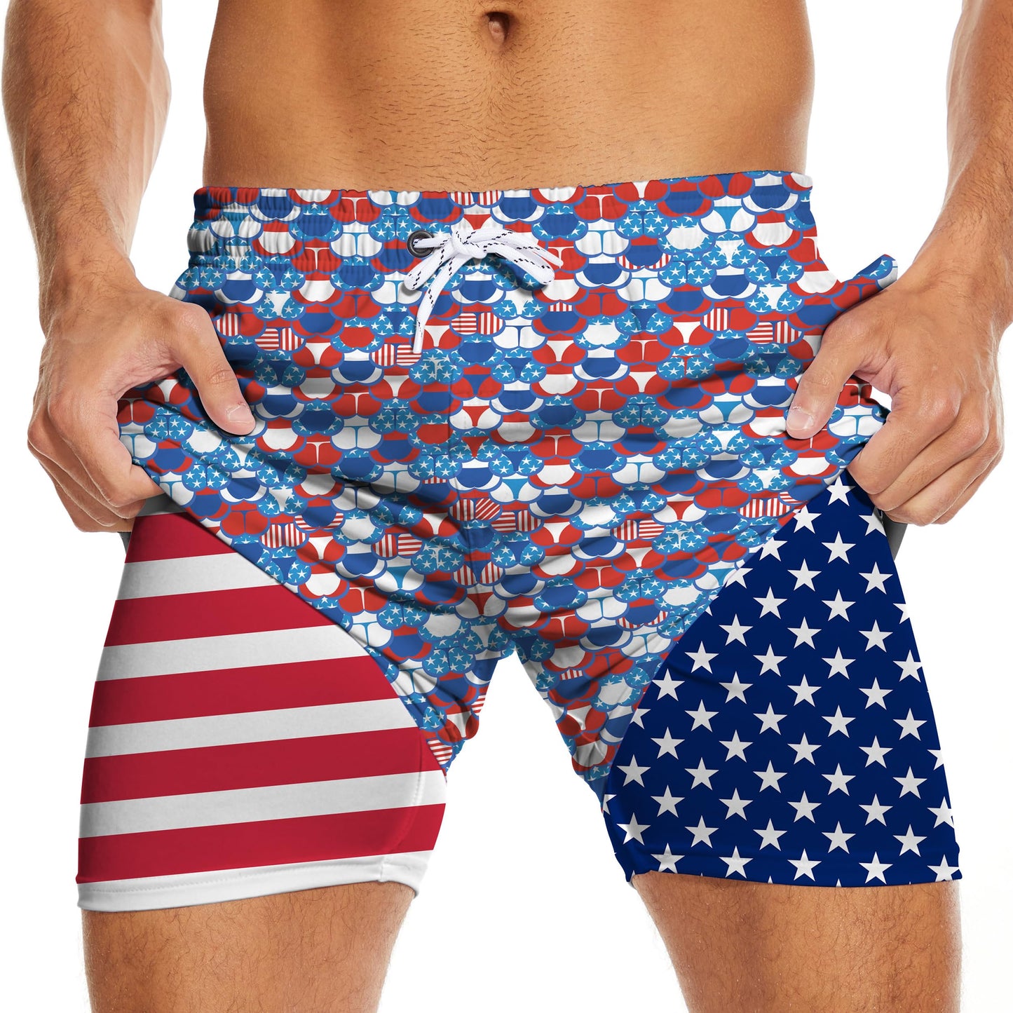 Men's US Flag, Funny Swim Trunks with Compression Liner 5" Inseam, Quick Dry