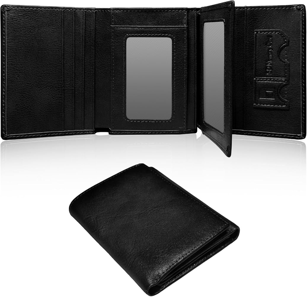 Mens Wallets Trifold Genuine Leather, RFID Blocking, 10 Cards, 3 ID Windows