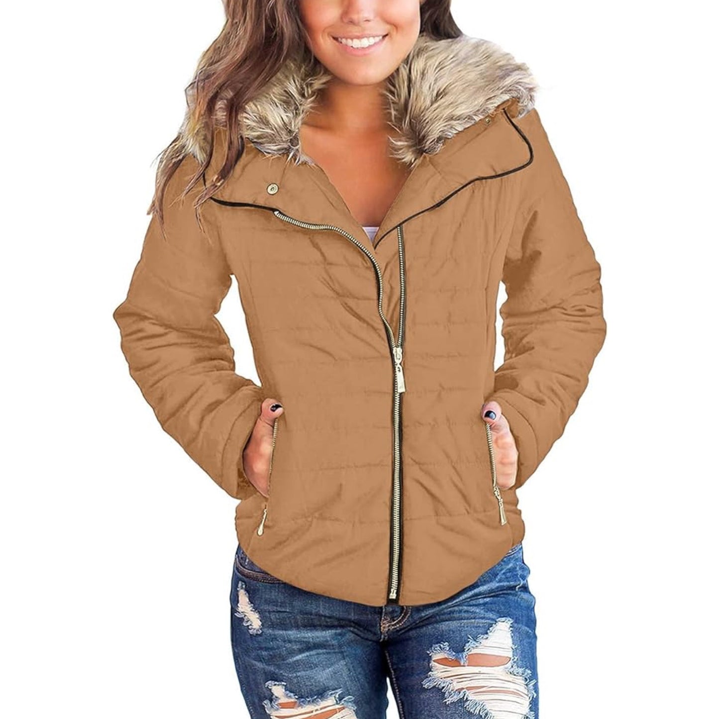 Women’s Casual Lapel Zip Pockets Quilted Parka Jacket Puffer Coat