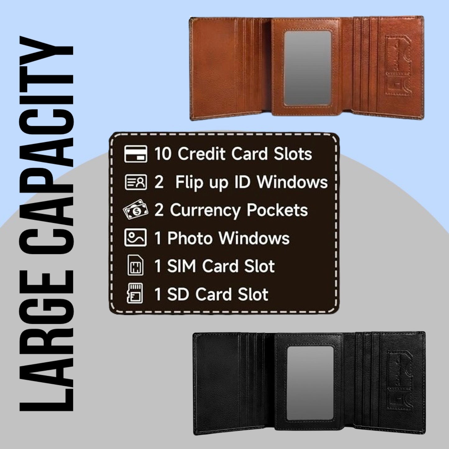 Mens Wallets Trifold Genuine Leather, RFID Blocking, 10 Cards, 3 ID Windows