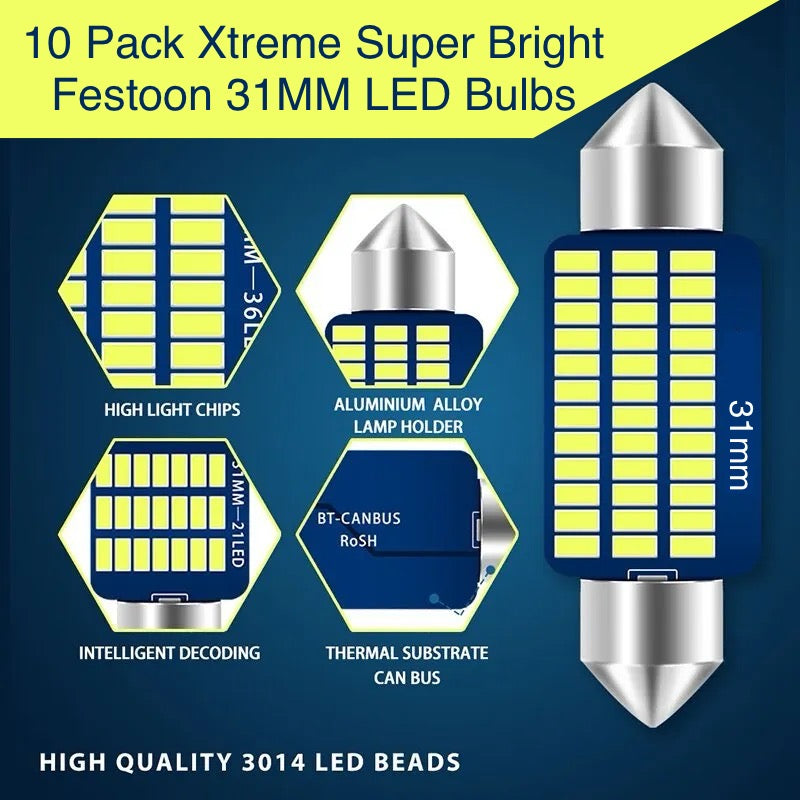 10 Pack Xtreme Super Bright Festoon 31MM DE3175 DE3022 LED Bulbs