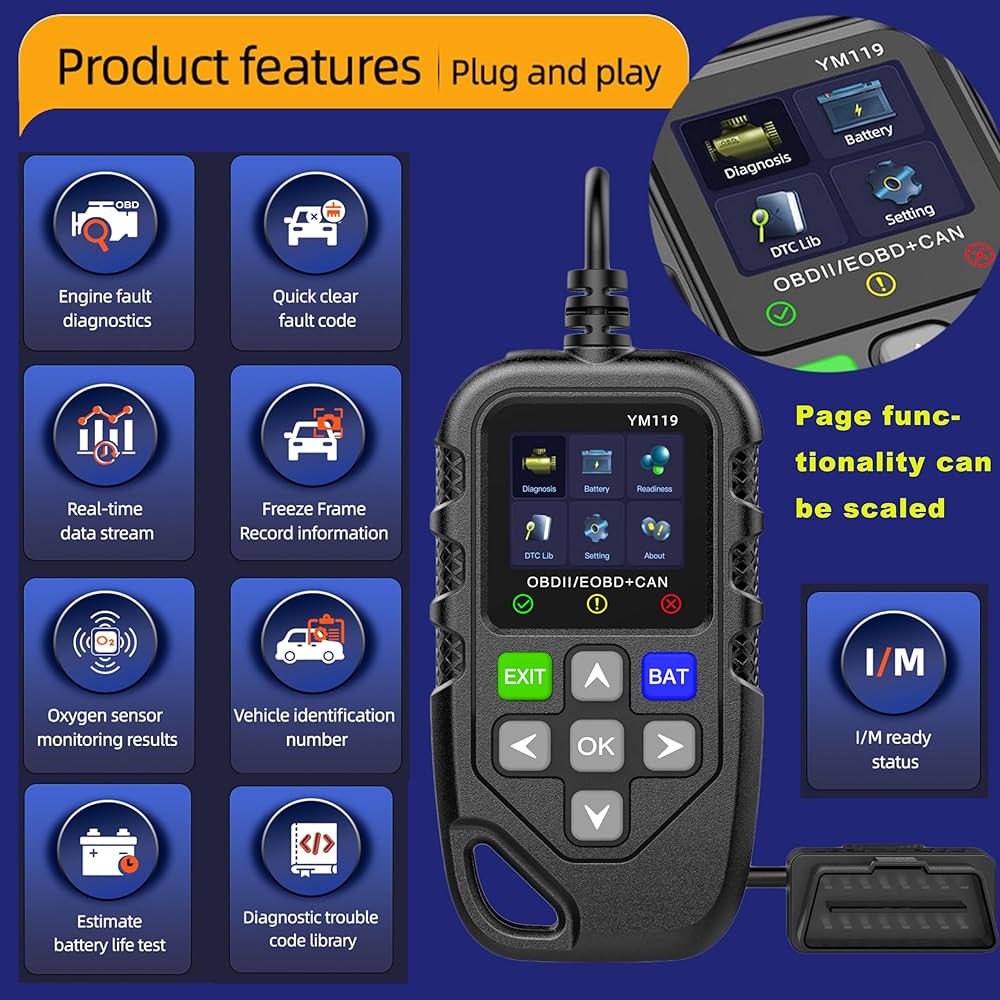 OBDII Scanner, YM119 OBD2 CAN Auto Car Code Reader Diagnostic Scanner Tool