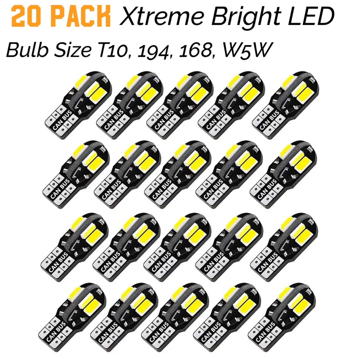 20 Pack Xtreme Bright LED Bulb Size T10, 194, 168, W5W