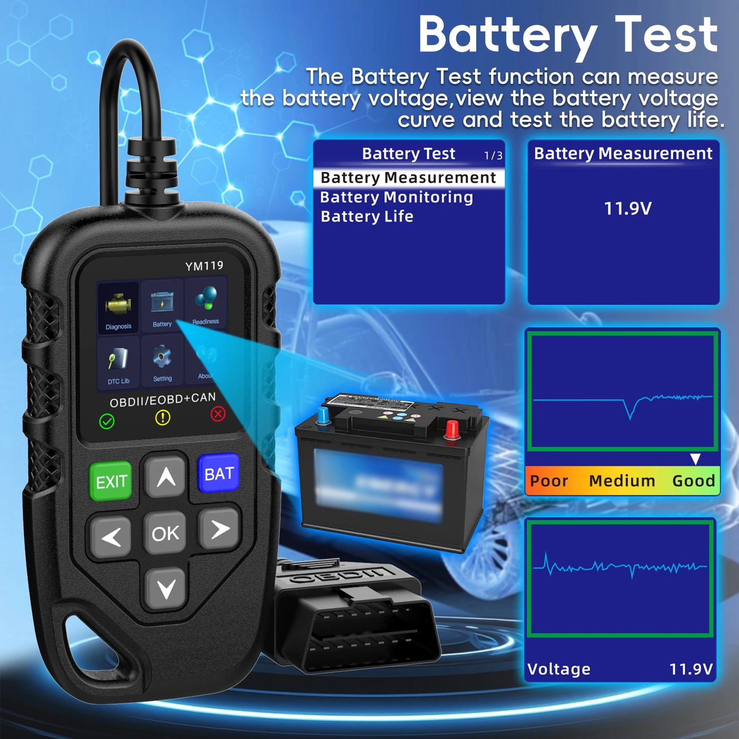 OBDII Scanner, YM119 OBD2 CAN Auto Car Code Reader Diagnostic Scanner Tool